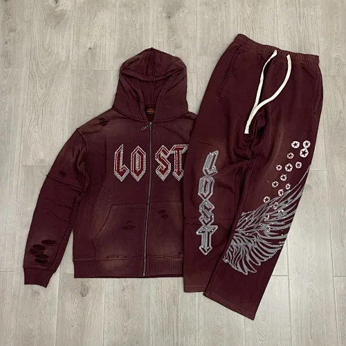 

European trendy washed-out vintage high-quality fashionable brand glitter-studded cardigan hoodie set