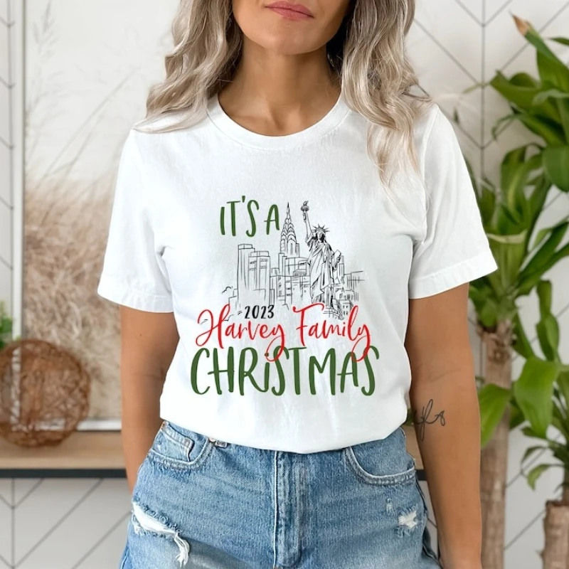 Merry Christmas Personalized New York Family Christmas Vintage Holiday Tee Unisex Commuter Casual Style Printed T-shirt Tops