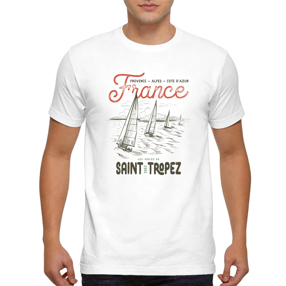 Mens 100% Cotton T Shirt Provence Cote D'azur Sketch Sailboat Vintage Nautical Print Breathable Short Sleeve Daily Wear