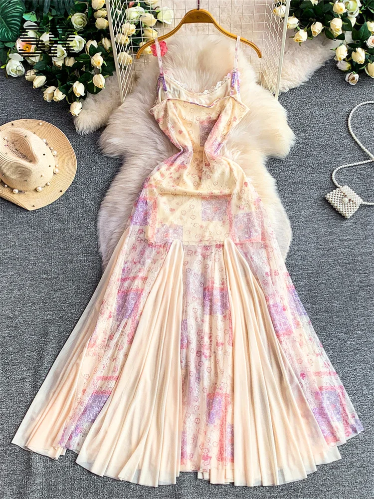 SINGREINY 3D Floral Mesh Sundress Ladies French Print Splice Sling A-line Slim Gentle 2026 Summer Romantic Vacation Long Dresses - Image 5
