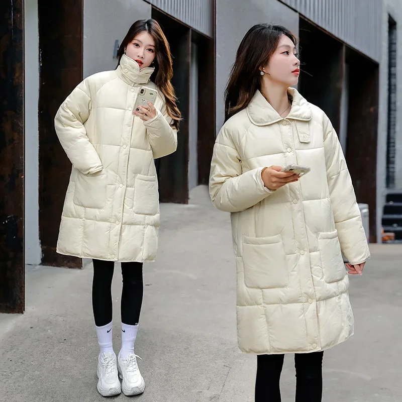 Winter Gentle Breeze Korean Style Large Pocket Windproof Buckle Medium Long Down Cotton Jacket, Bread Jacket, Cotton Jacket