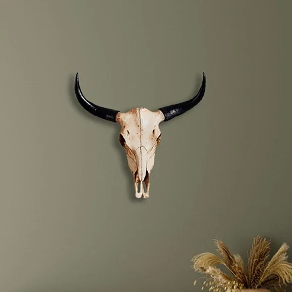 Vintage Bull Head Wandhalterung Harz Geweih Plakette Bauernhaus Lodge Cabin Dekor Rustikale Home Office Kaminsims Kunst Einzigartiges Halloween-Geschenk – Detail 4