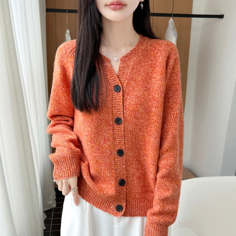 100% Merino Wool Women Cardigan Soft O-Neck Cashmere Sweater OL Buttoned Thicken Knitwear Casual Top Clothing Korean Style