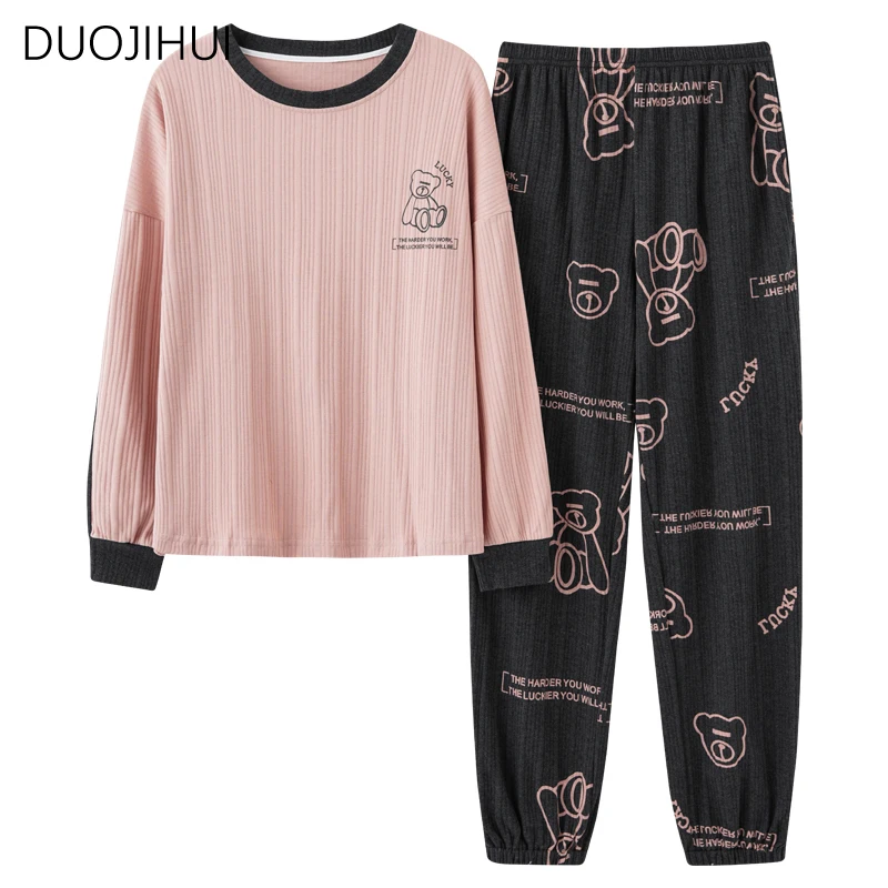 DUOJIHUI-Conjunto de pijamas coreanos para mujer, ropa de dormir informal con estampado dulce, Jersey clásico de cuello redondo, pantalón Simple, holgado, a la moda