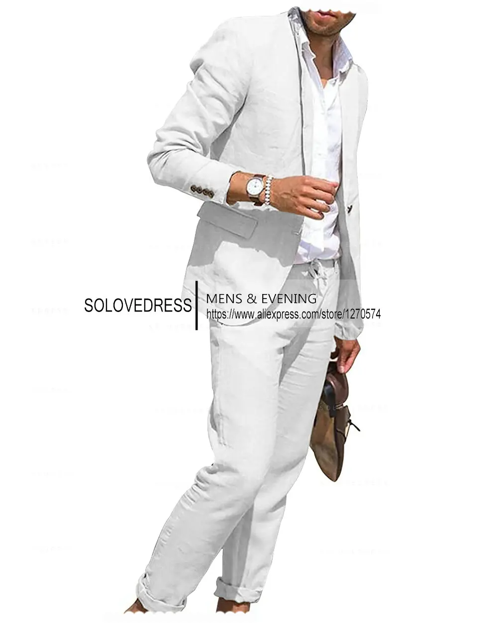 2024 Linen Suit for Men 2-Piece Casual Slim Fit Suits Summer Beach Vintage Wedding Groom Blazer Pants Set