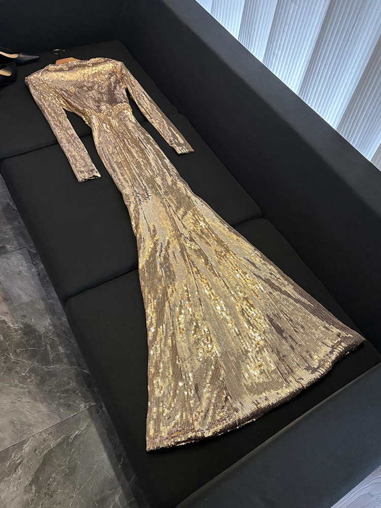 Golden Long Paillettes Dr Embelli avec Diamo Heavy Work Commute Sle T-shirt taille moyenne en fibre d'acétate 2025 Winter New Arr...