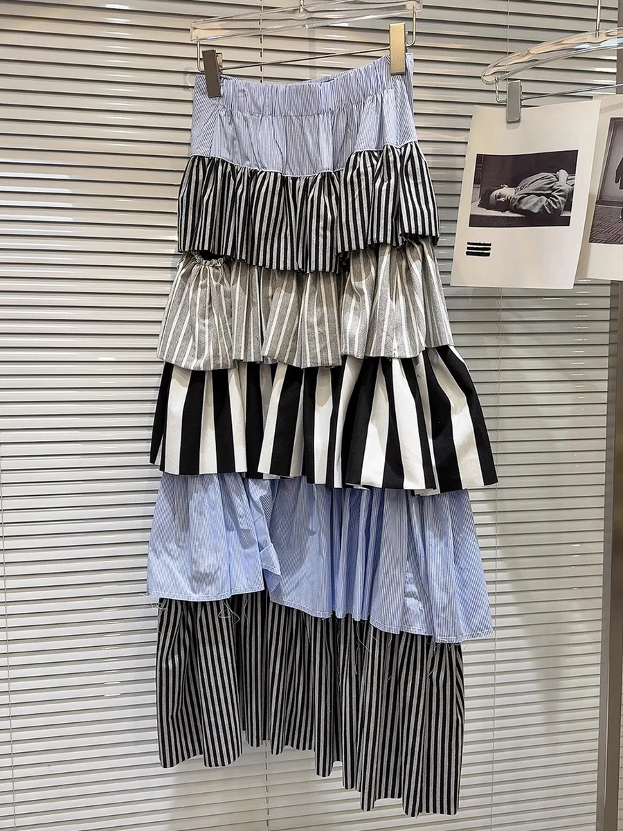 VGH Hit Color Fashion Patchwork Striped Loose Skirts for Women High Waist Spliced Elastic Casual Style A Line Long Skirt Female