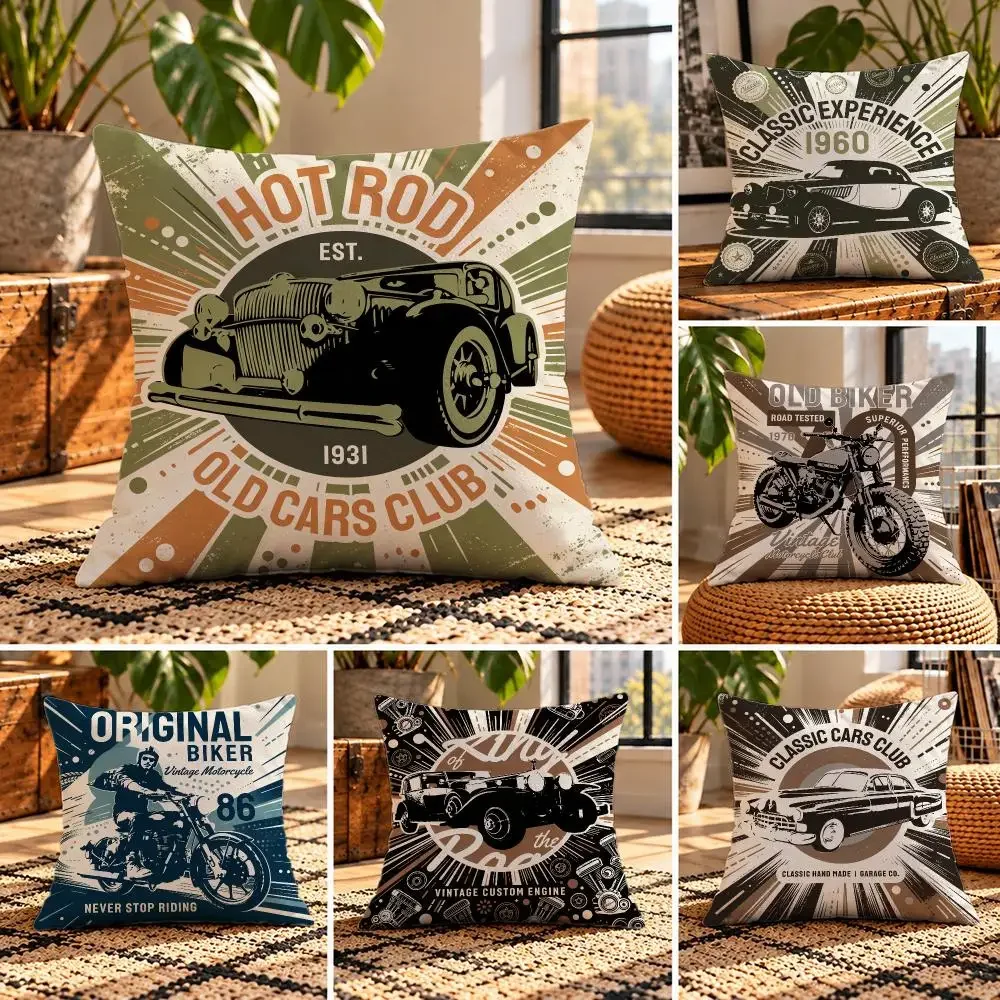 art Retro Motorcycle Club Badge Cushion Cover Short Plush Throw Pillow Cover Soft Cozy Cushion Case for Sofa Bedroom Home Decor