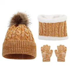 Conjunto de cachecol infantil, chapéu de malha, bola de pelúcia, aconchegante, elegante, acessórios de inverno