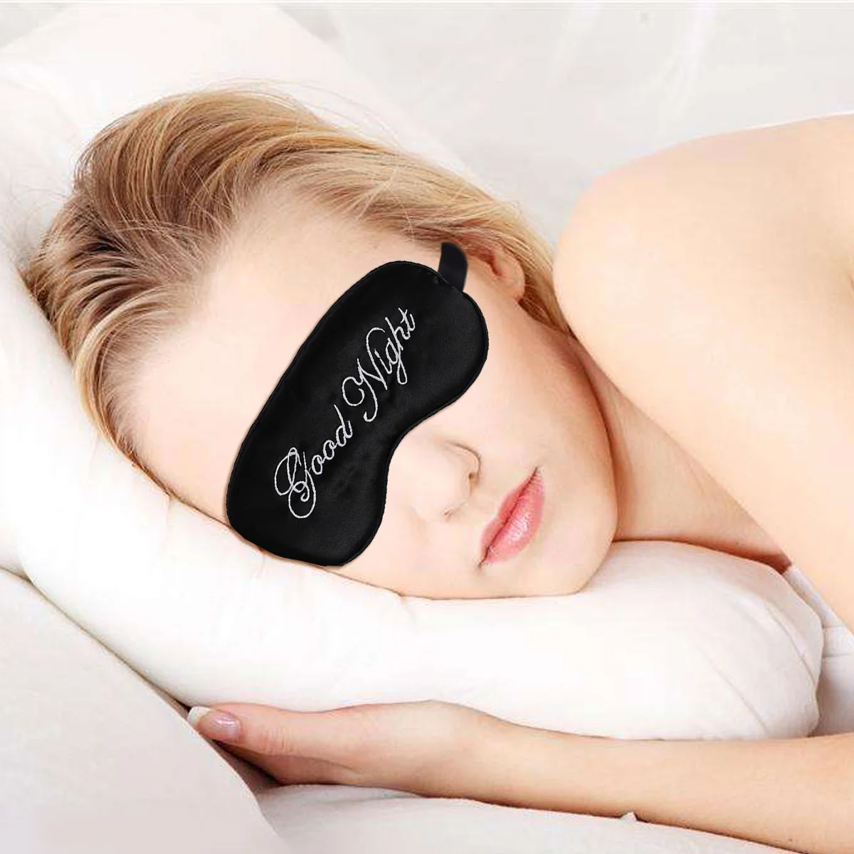 Silk Sleep Eye Mask Embroidery Eyeshade Large Blindfold Night Blinder for Men Women and Kids (Black and Black Inserted Line)