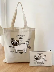 Dog Pet Pug Life Pug Anatomy Tote Bag Set, Fashion Shoulder Bag for Women, Large Capacity Shopping Bag with Coin Purse Gift