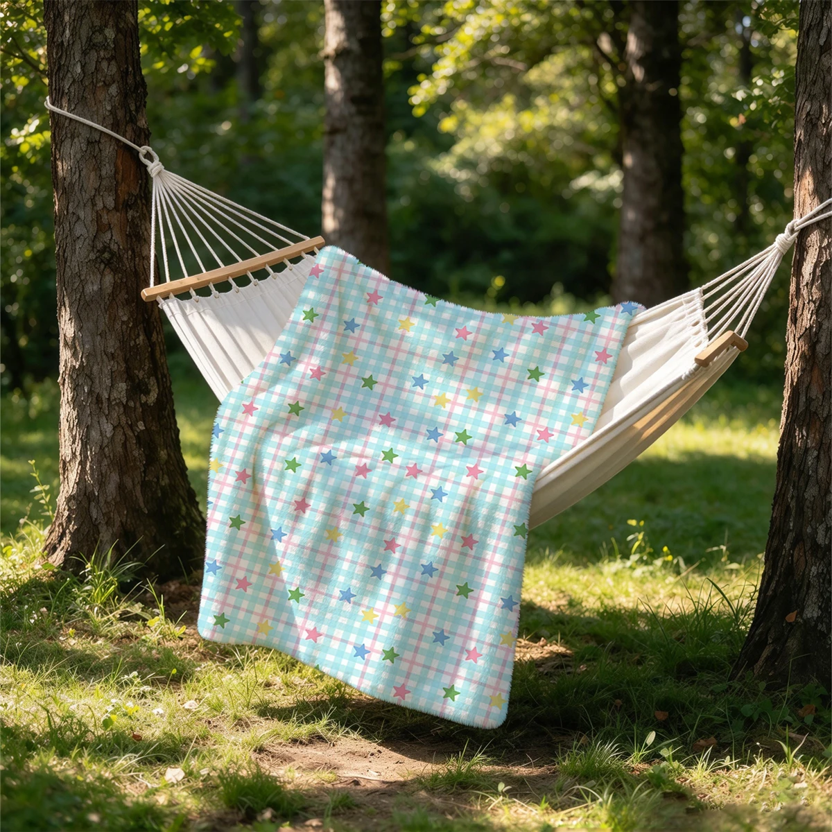 Blue Gingham Colorful Stars Flannel Blanket Warm Soft Halloween Christmas Couch Warm Cozy Decorative Decor Gift for All Season