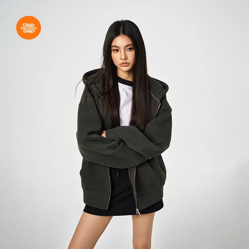 DAVIDSHAO EU US-Größe Top Qualität Street Outdoor Wear Luxus Herbst Heavy Air Layer Unisex Doppelreißverschluss Sweatshirt Hoodie