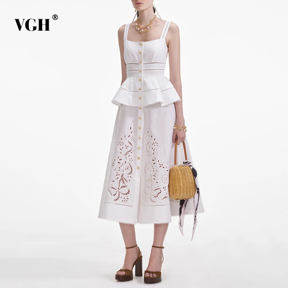 

VGH Temperament Hollow Out Slimming Dresses For Women Square Collar Sleeveless High Waist Elegant Dress Female Fashion Style New