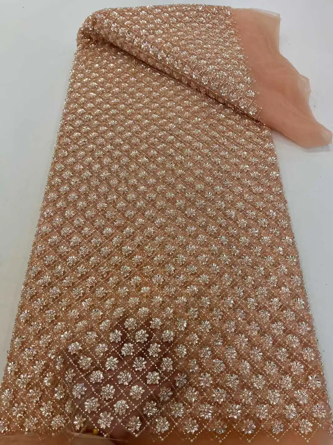 2025 New Design African Heavy Beaded Lace Tulle Lace Fabric French Sequins Embroidery Lace Fabric For Dresses Wedding Material