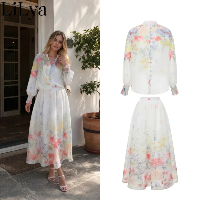 

Elegant High Waist Floral Print Skirt Set Women Lantern Sleeve Shirt Top Maxi Skirt Chic Vacation Beach Daily Party Woman Set