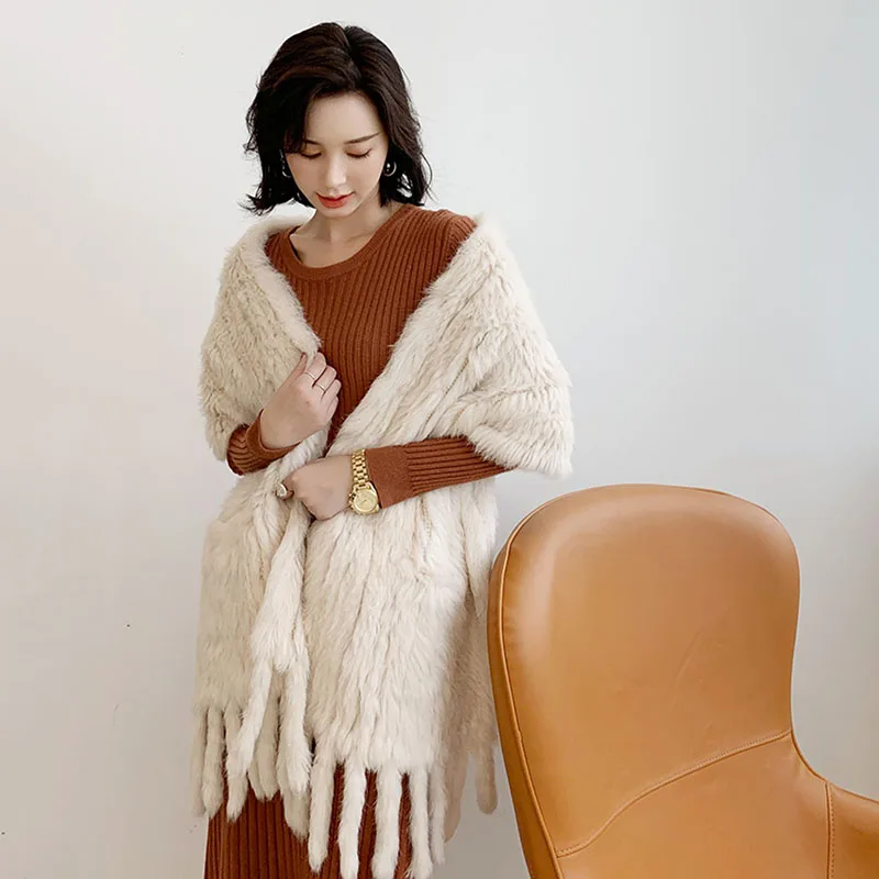 Women Real Rabbit Fur Shawl With Tassel Long Female Hot sale Fashion Luxury Genuine Fur Wrap Female Cape