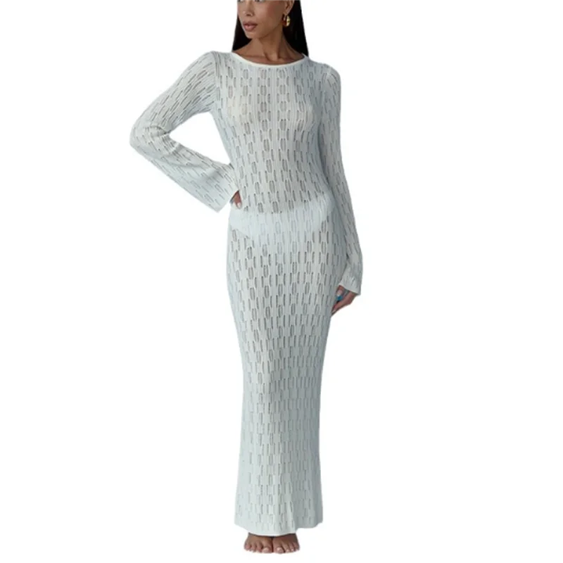 Robe en tricot bandage dos nu sexy pour femmes, maillots de bain au crochet à manches longues, Industries ong de plage d'été, maillots de bain une pièce