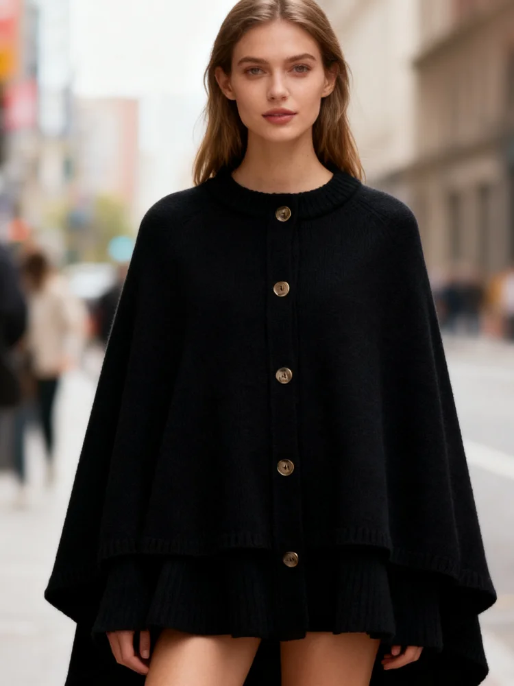 ニットケープカーディガン女性用ショール冬コート女性クロップドコートポンチョ秋ファッションアウターウェア女性のマント2025