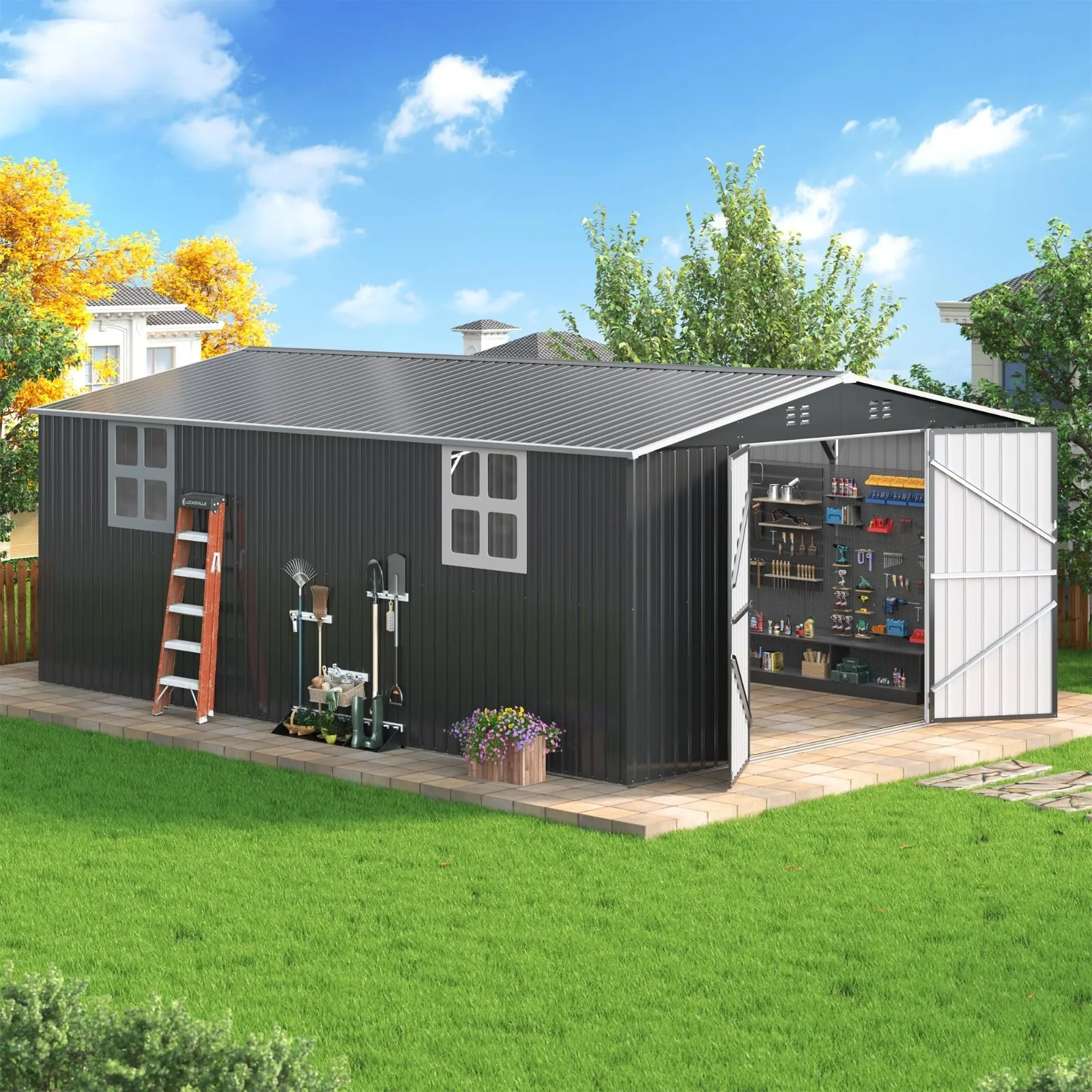 

12x18FT Outdoor Metal Storage Shed with Durable Frame and Lockable Door, Black