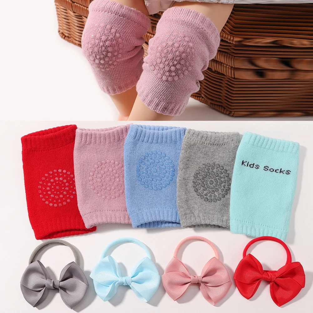 

0-2Y Infant toddler warm leg protection socks silicone anti slip letter knee pads solid color bow headband baby accessories