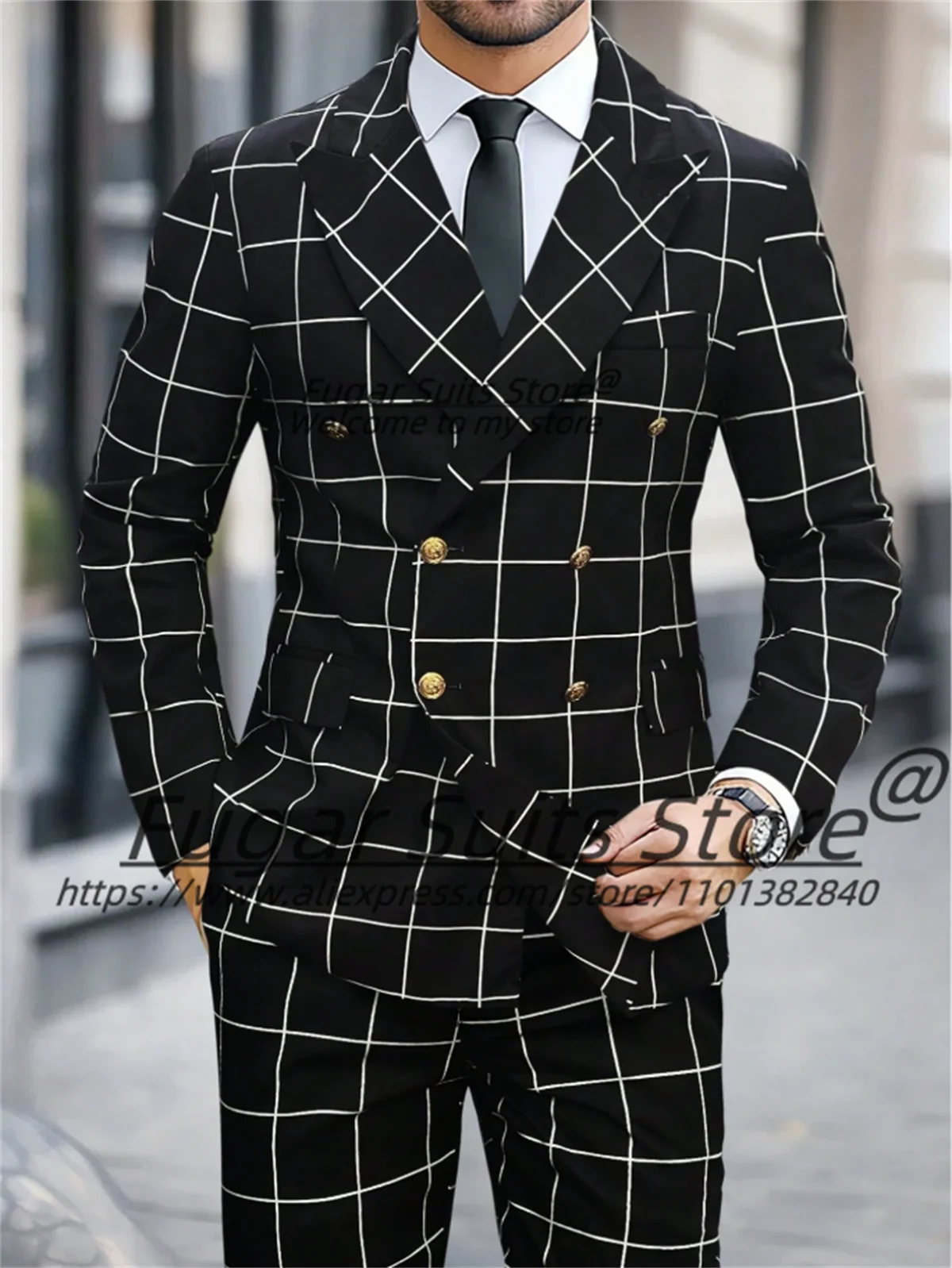 Business Black Plaid High-qublity Suits For Men Slim Fit Double Breasted Groom Tuxedos2Pcs Sets Elegant Male Blazers Ropa Hombre