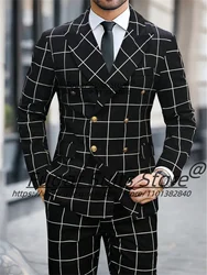 Negócios preto xadrez ternos de alta qualidade para homens fino ajuste duplo breasted noivo smoking2pcs define elegante masculino blazers ropa hombre