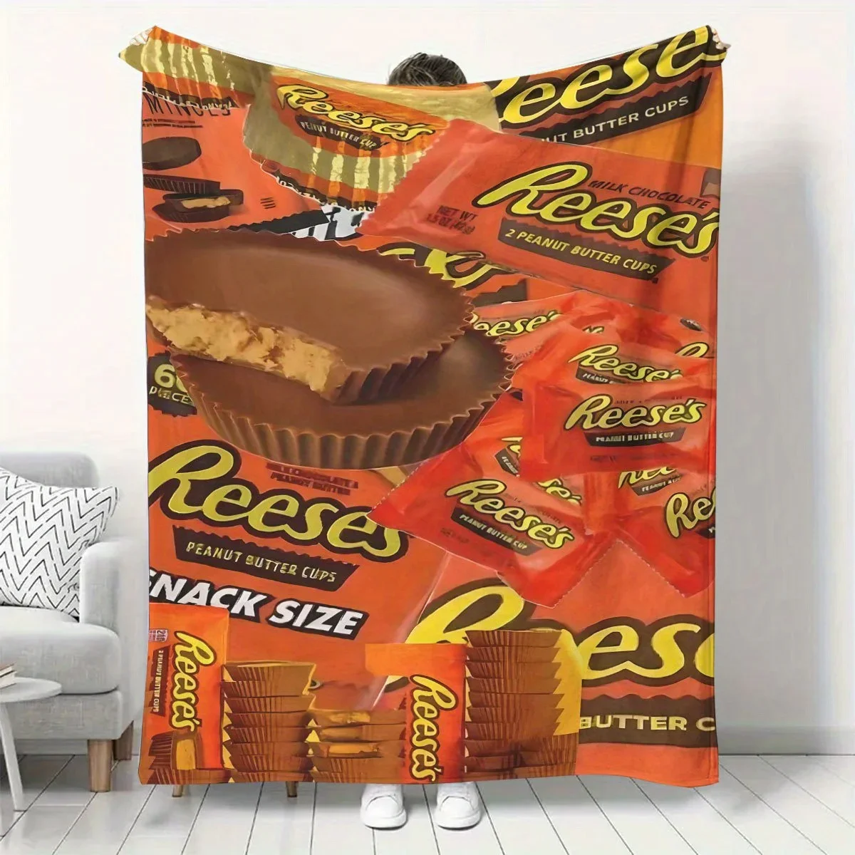 Reese's Peanut Butter Cups Blanket - Sweet Candy Design, Perfect for Couch Snuggles & Bedroom Decor