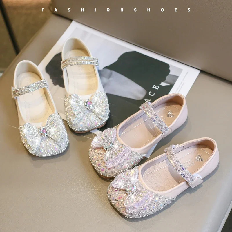 Sapatos de cristal princesa para meninas, sola macia, sapatos de couro infantil para festa, moda casamento, sapatos de desempenho strass infantil 2024