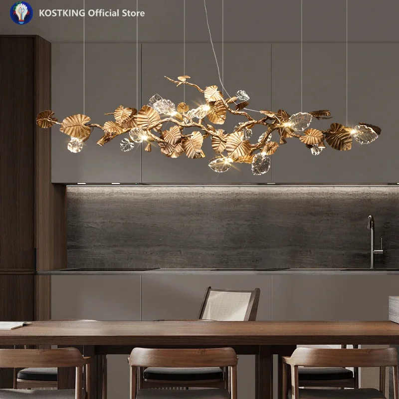 Luxury Copper Branch Chandelier Dining Table Retro Restaurant Light with Leaf Crystal Pendant Lamp Living Room Bar Kitchen Vila