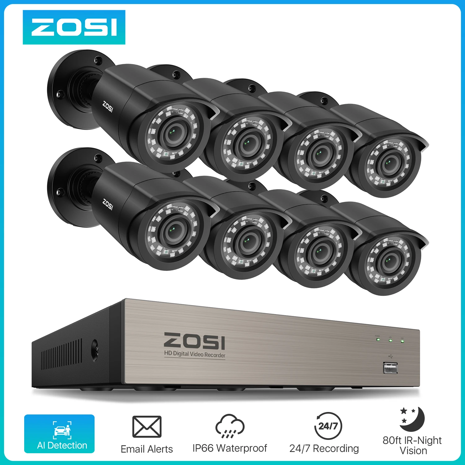 ZOSI 8CH CCTV System H.265+ 5MP Lite HD-TVI DVR Kit 8 1080p 2MP Home Security Outdoor Night Vision Camera Video Surveillance Kit
