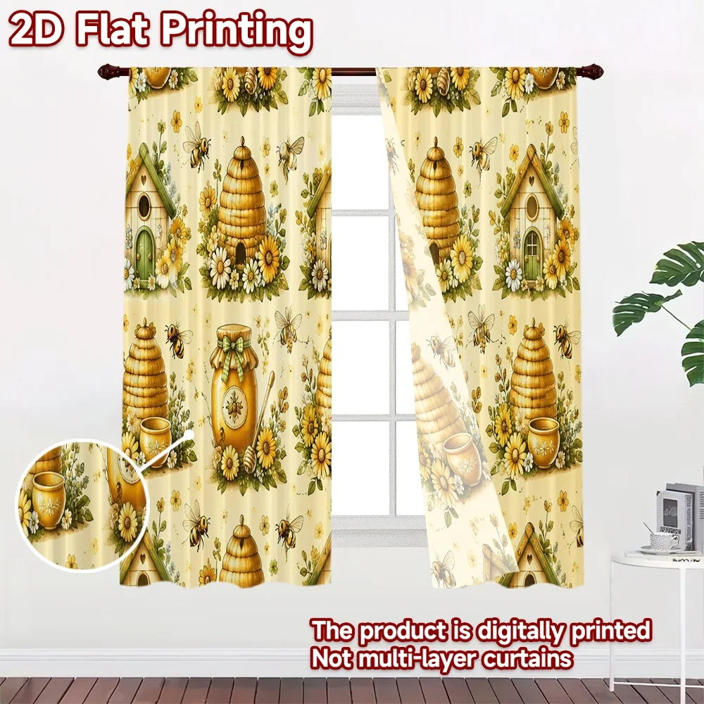 2D FLAT PRINTING 2pcs Curtains (Without Rod) Beehives and Flowers Modern Minimalist Curtains Versatile 100% Polyester Curtains