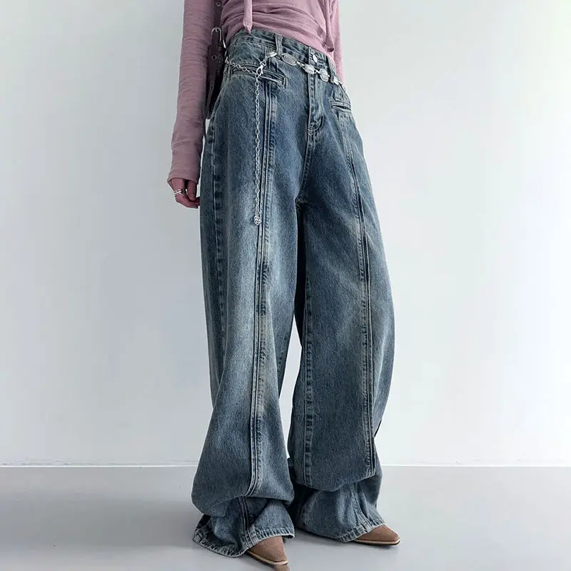 Jean Join Together Straight Loose High Waist Baggy Women Casual Streetwear Vintage Denim Trousers Korean Fashion Wide Leg Pant