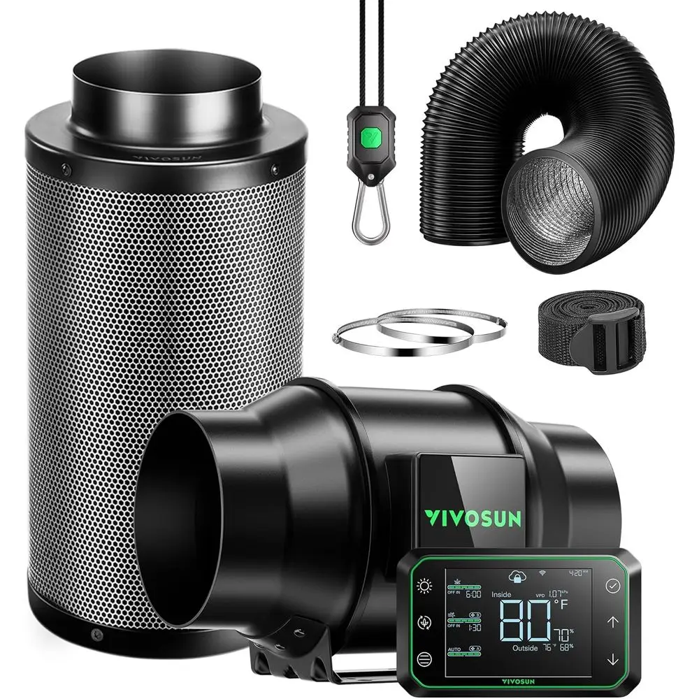 

Комплект для приточной вентиляции Smart Air PRO G6 6 дюймов, канальный вентилятор Zesh G6 с датчиком температуры GrowHub E42A. Контроллер Huity Wii, карбоновый фильтр и воздуховоды, Coo