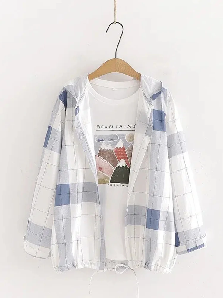 Jmprs Japan Preppy Style Women Shirts Fashion Bow Lace Up Student Hooded Top Plaid Blue White Female Elegant blouse