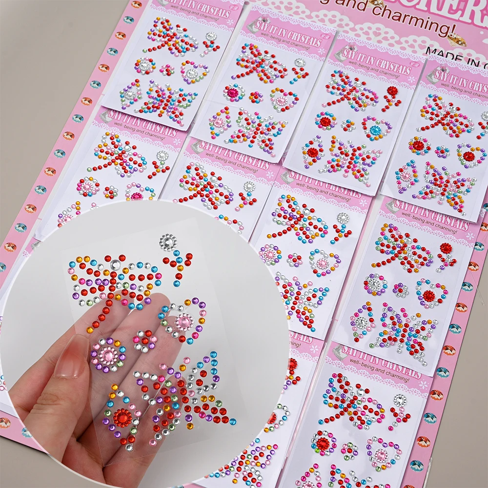 12pcs/set Children\'s Crystal Face Gems Stickers Butterfly Crown Flower Kids Tattoo Sticker Self-adhesive Body Makeup Face Jewelr