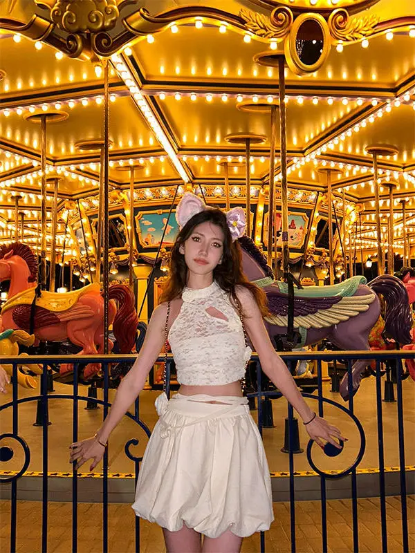 

Летний комплект из топа без рукавов с кружевной отделкой и короткой юбки, женский, модный, дышащий, легкий, из двух предметов.