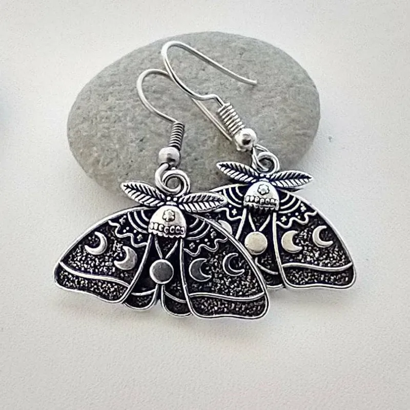 Goth Antique Silver Color Moth Moon Phase Celestial Drop Dangle Earrings For Women Wiccan Witch Charm Jewelry Accessories