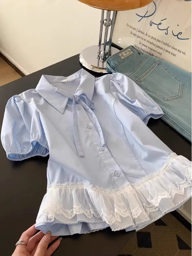 

Ele Blue Lace ort Sve Women's irt Summer New Sle Luxury Age-Defng Bubble Sve Top Collar Loose Fit