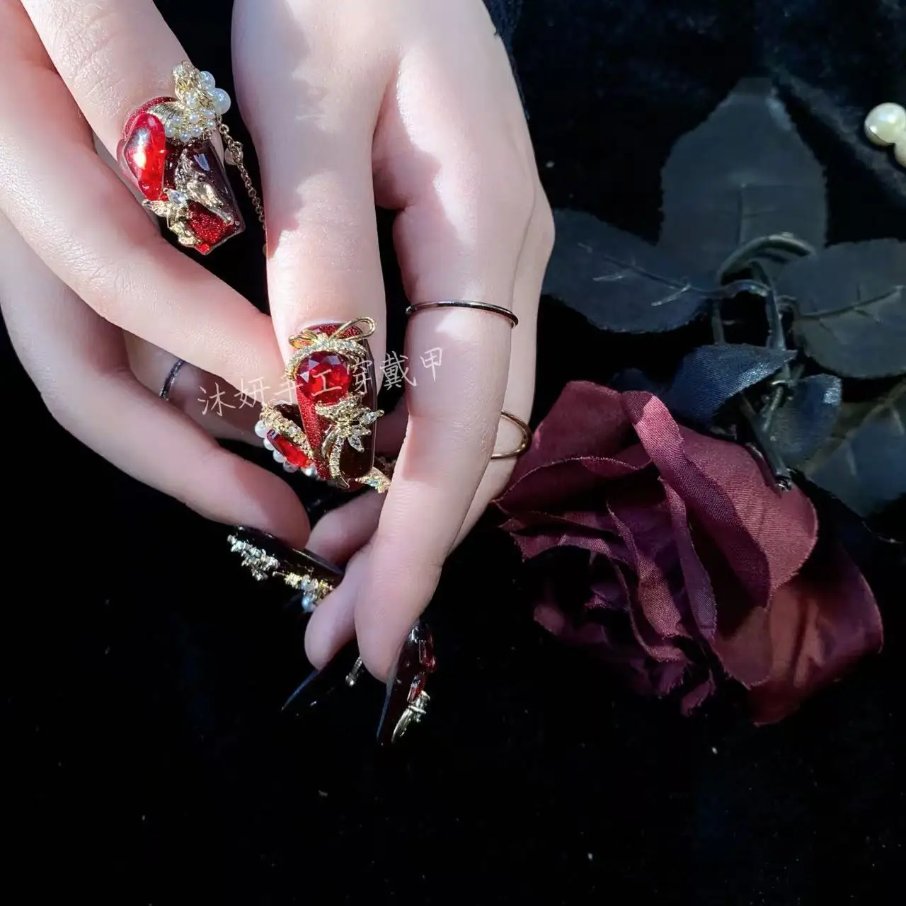 Luxury Vintage Wine Red Metallic Glitter Handmade Press On Nails, Heavy Gold Plated Butterfly Red Rhinestone Pearl Dangling Chai