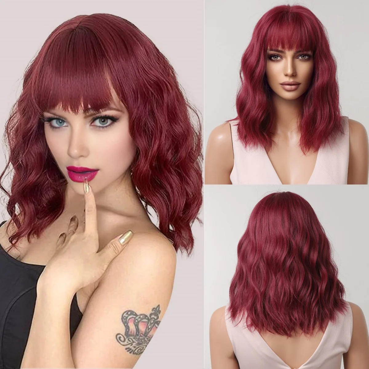 Synthetic Short Wavy Wig Wine Red Natural Hair Wigs with Bangs for Black Women Heat Resistant Cosplay Daily Wig