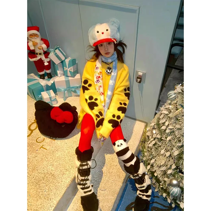 하라주쿠 프린트 스웨터 여성 Y2K 오버사이즈 니트 풀오버 일본식 긴팔 니트웨어 겨울 O넥 캐주얼 디자인 점퍼