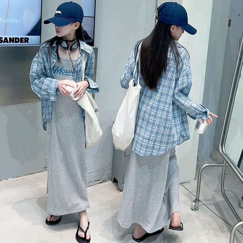 

Summer Girls Clothes Set Blue Plaid Blouse Vest Dress 2pcs Teen Kids Outfits Set Daily Casual Travel 4-13 Years Children Clothes