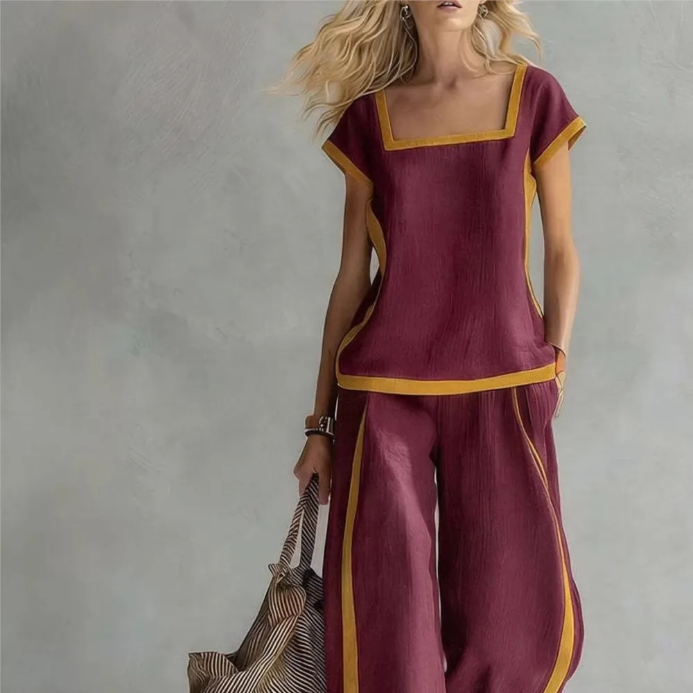 

Summer Contrasting Color Wide-leg Pants Suit Summer Women's Casual Fashionable Square Collar Loose Top + Trousers Two-piece Set