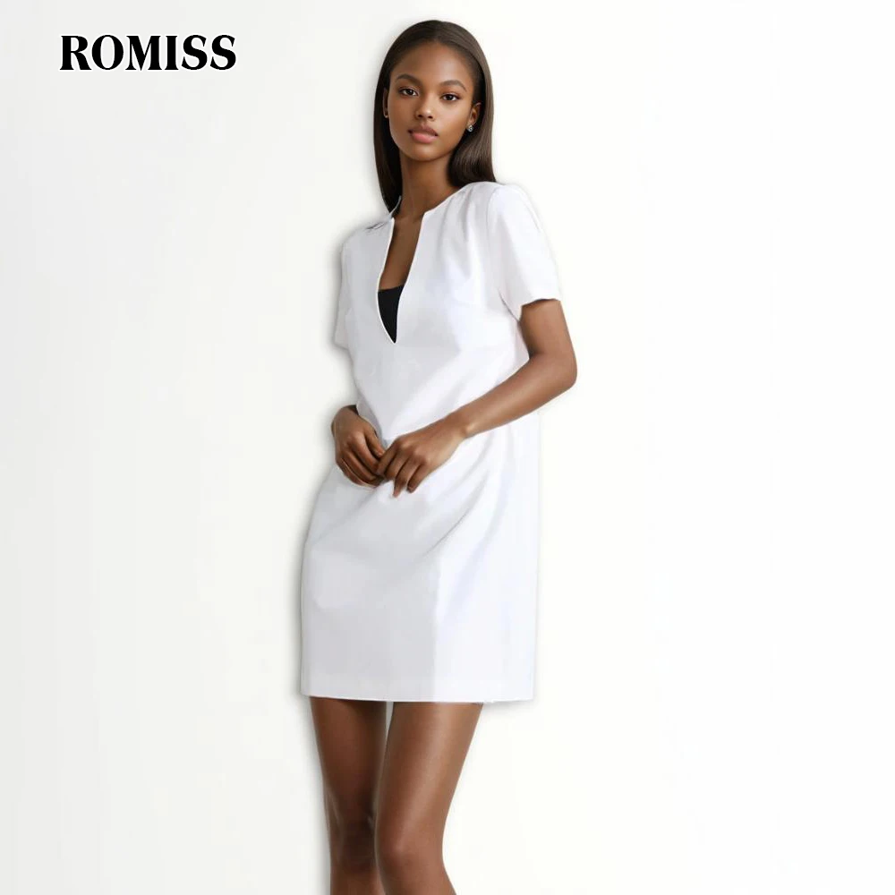 

ROMISS STYLE Casual Loose Dresses For Women V Neck Short Sleeve High Waist Temperament Minimalist Hollow Out Dress Female New