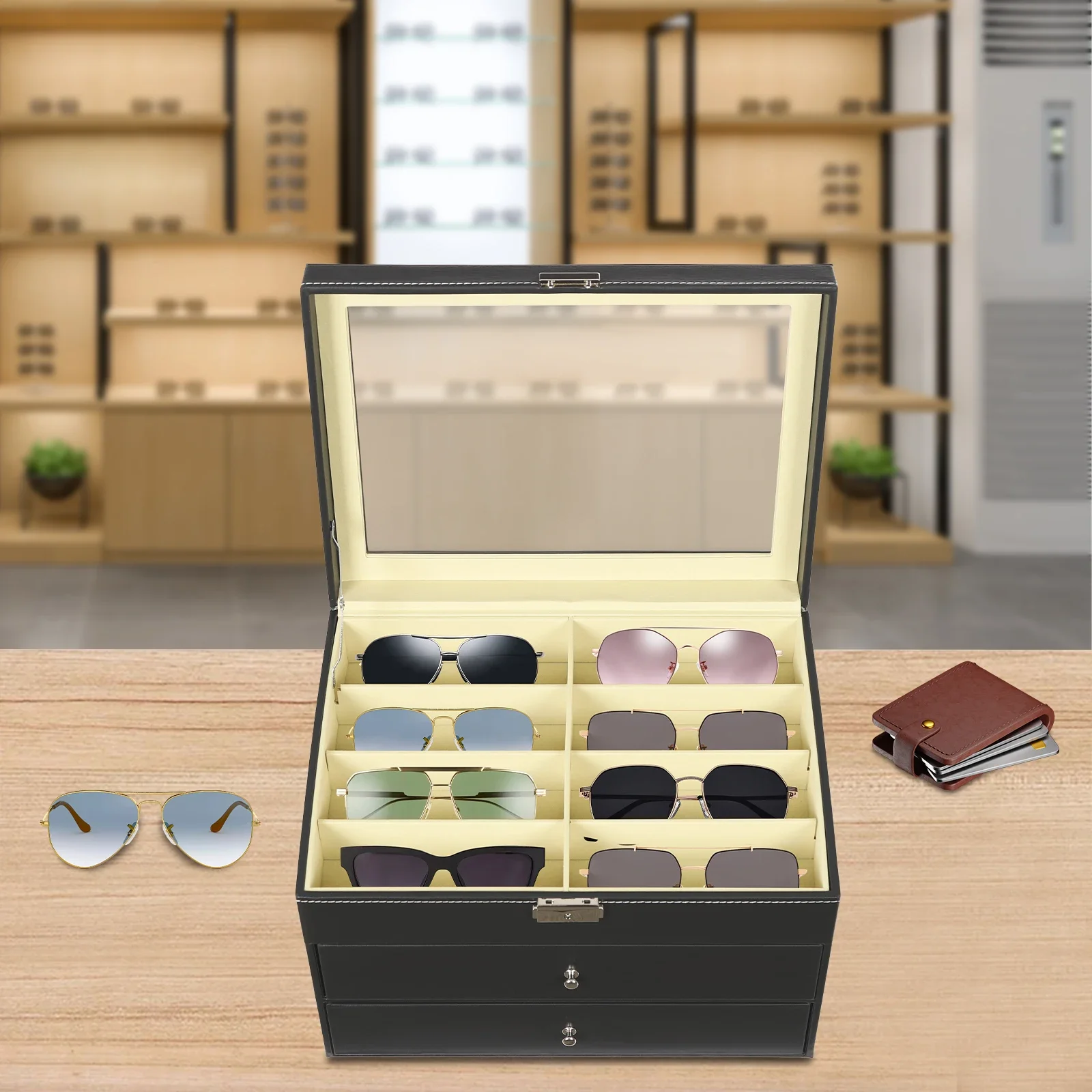 

3-Tier Black Eyeglasses & Jewelry Display Case With 24 Grids, Multi-Functional Storage Organizer, Freestanding Tabletop Cabinet