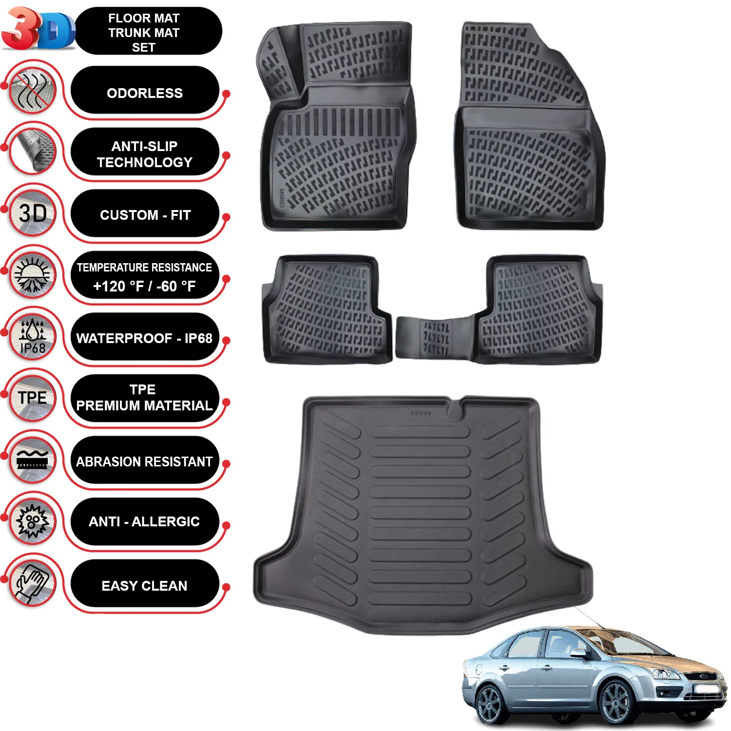 Ford Focus 2 Sedan (2005-2010) - Floor Mats + Cargo Trunk Liner - SET - (Black)