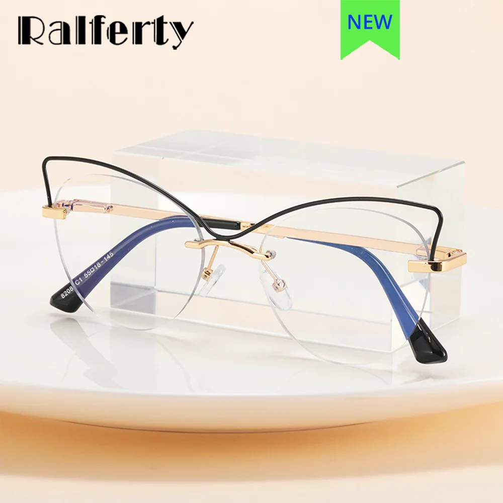 Ralferty Decorative Eyeglass Frame for Women No Graduated Glasses Anti-glare Lenses and Blue Light Filters Rimless Cat Eyewear