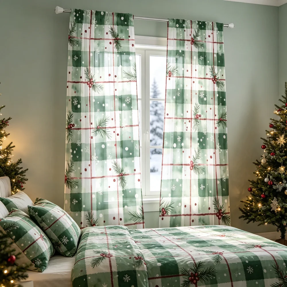 2 cortinas navideñas, estampado de pines y bayas en cuadros rojos y verdes, cortinas para ventanas de dormitorio o sala de estar, con bolsillo para barra, de poliéster, para decoración del hogar.