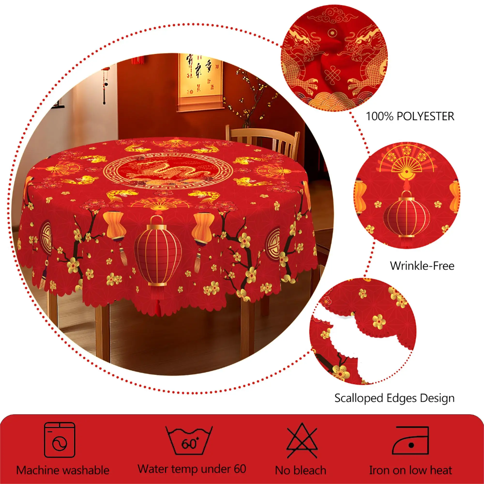 1 Piece of Spring Festival Tablecloth, Available in 5 Sizes, Dragon Totem, Plum Blossom, and Koi Fish Pattern Printed Tablecloth, Embossed Edge
